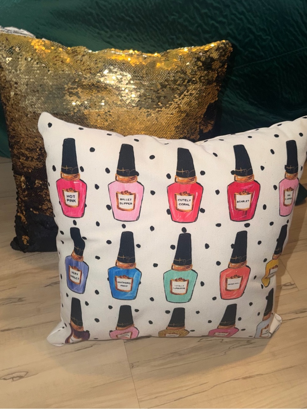 Decorative Nail Polish Print Throw Pillow - White with Multicolor Bottles